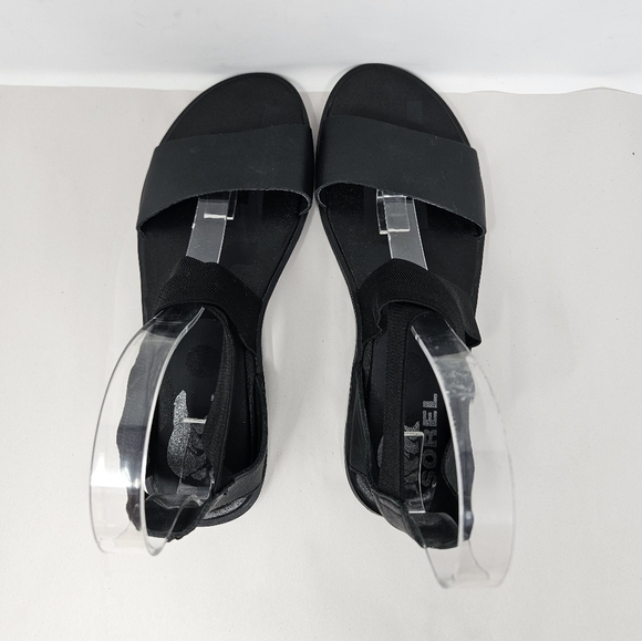 Sorel Sandels Womens Sz 7 Ella II Black Leather Flat Elastic Gore Ankle Strap - Picture 5 of 11